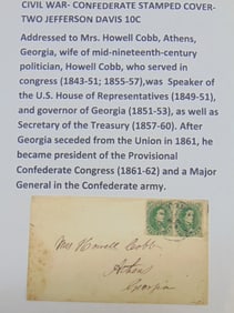 Civil war confederate stamped cover with two 10 cent Jefferson Davis stamps, addressed to Mr. Howell