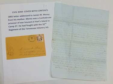 Civil war cover with 1865 letter addressed to James M. Morey from his mother, Morey was a