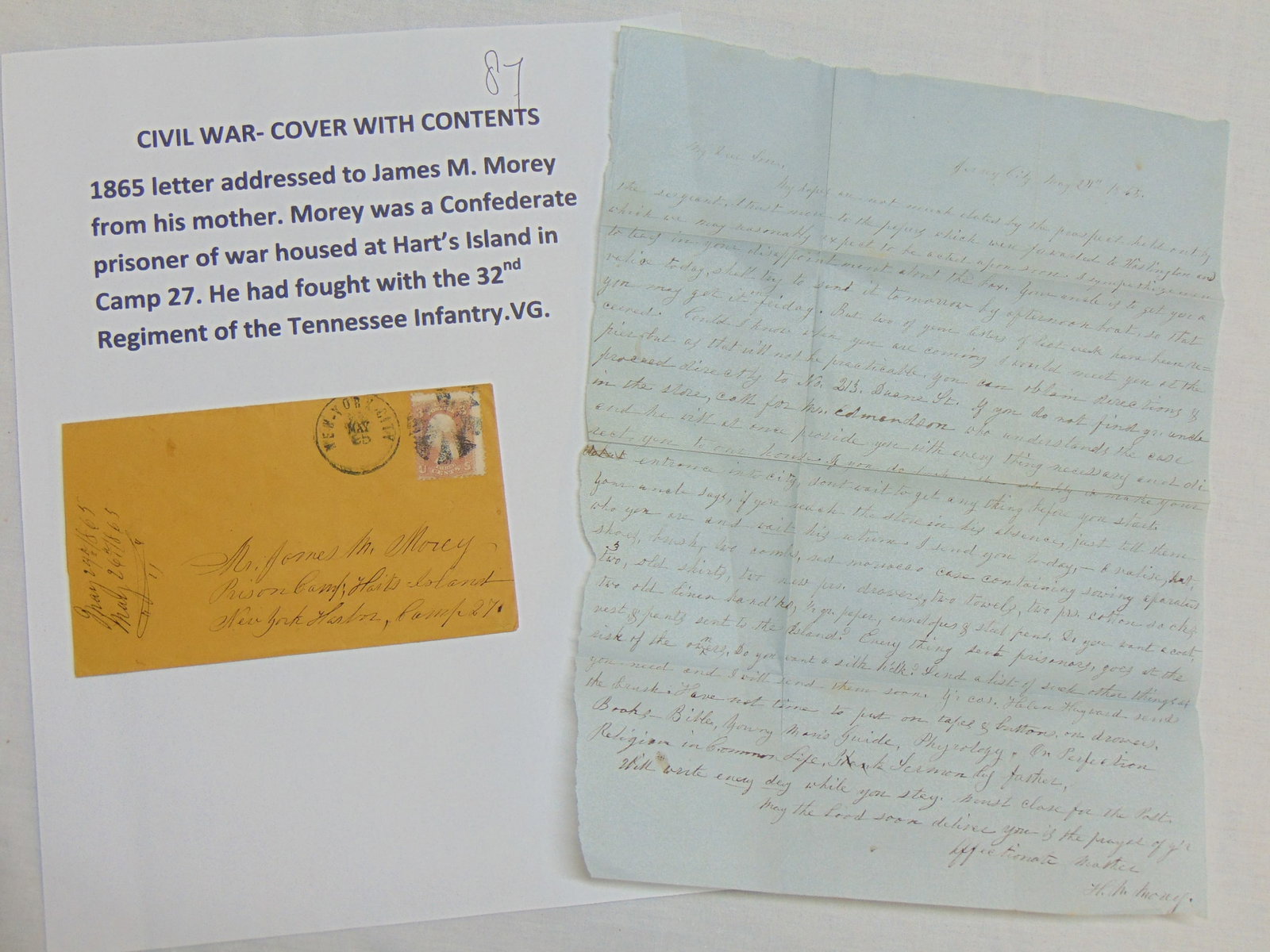Civil war cover with 1865 letter addressed to James M. Morey from his mother, Morey was a: Civil war cover with 1865 letter addressed to James M. Morey from his mother, Morey was a confederate prisoner of war housed at Hart's Island in camp 27, fought with 32nd reg. of the Tennessee infantr