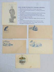 6 unused civil war patriotic covers, Billy Seward Esq. blue hawk on branch, flap missing, Jackass in