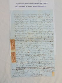 Two 25 cent red Washington revenue stamps on 1863 document regarding land in Wilton, Connecticut.