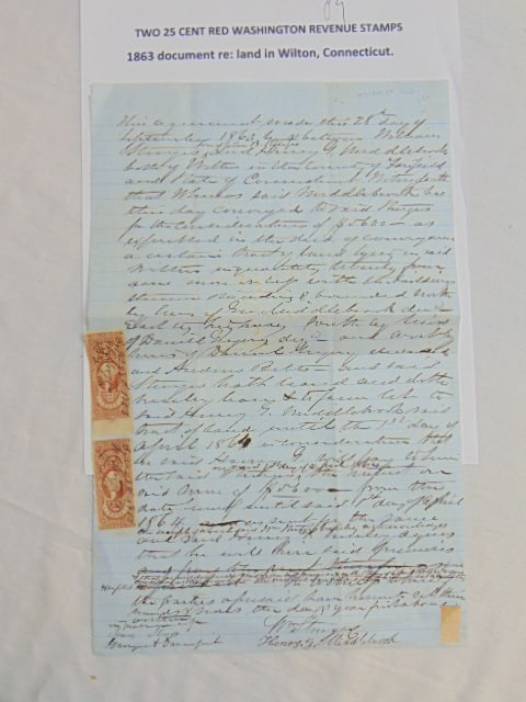 Two 25 cent red Washington revenue stamps on 1863 document regarding land in Wilton, Connecticut. (1 of 6)