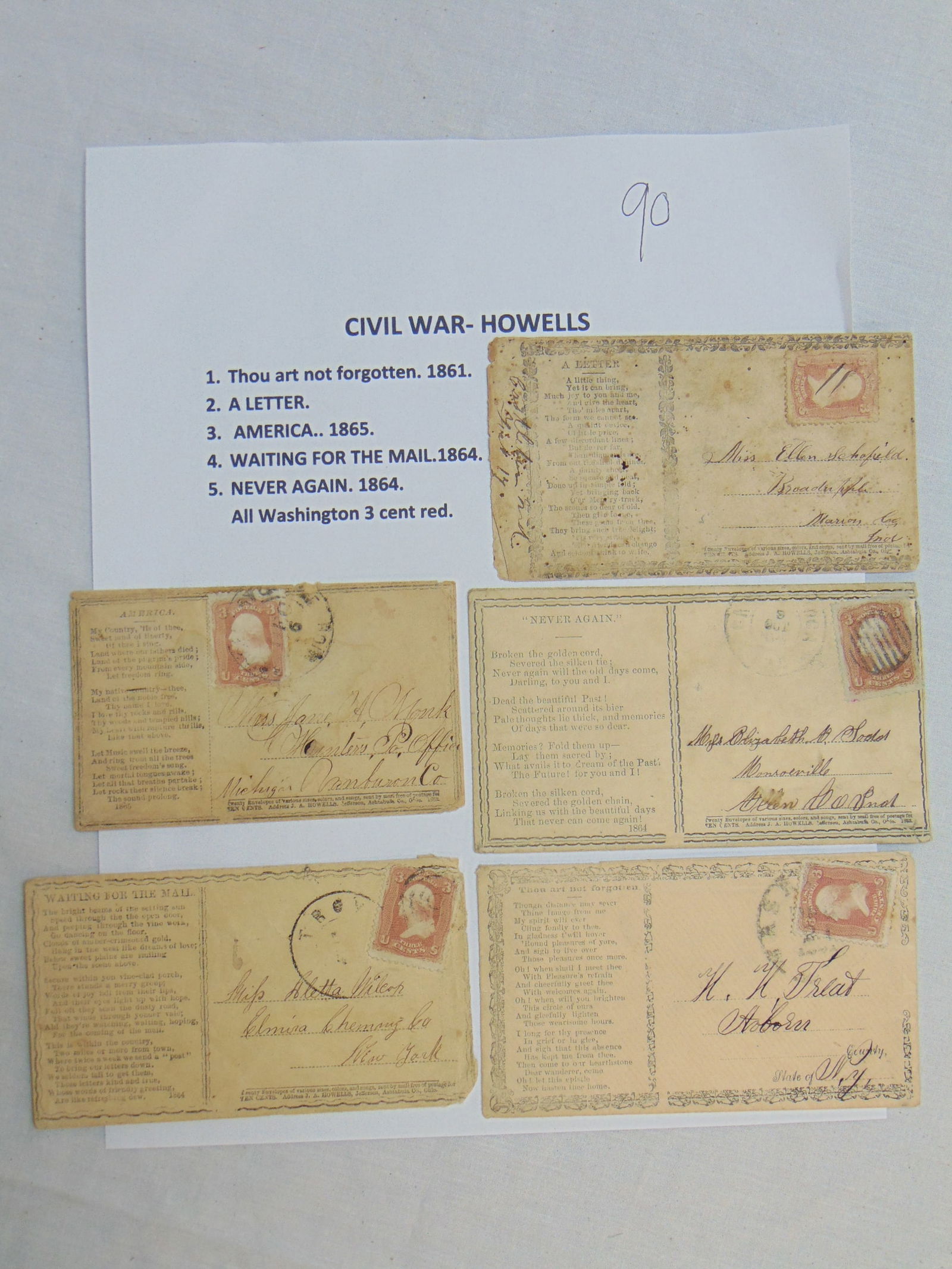 5 civil war Howell's envelopes, "Thou art not forgotten, 1861", "A Letter", "America, 1865", (1 of 16)