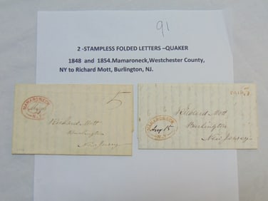 2 stampless folded letters, quaker, 1848 & 1854, Mamaroneck, Westchester County, New York addressed