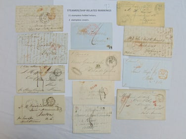 13 letters & covers with steamer, steamship related markings, stamps, includes 11 stampless folded