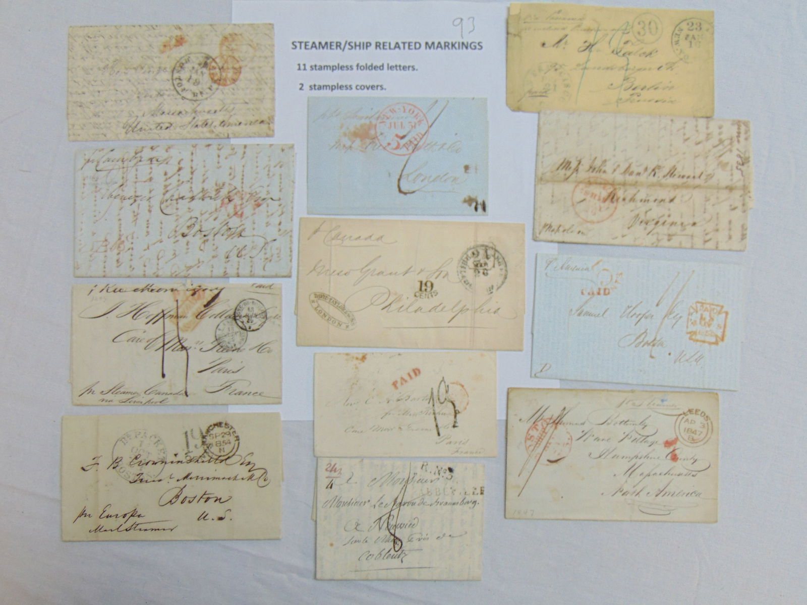 13 letters & covers with steamer, steamship related markings, stamps, includes 11 stampless folded (1 of 18)