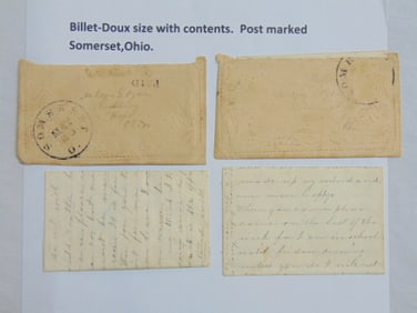 2 covers with embossed scenery, Billet-Doux size with contents, postmarked Somerset, Ohio.