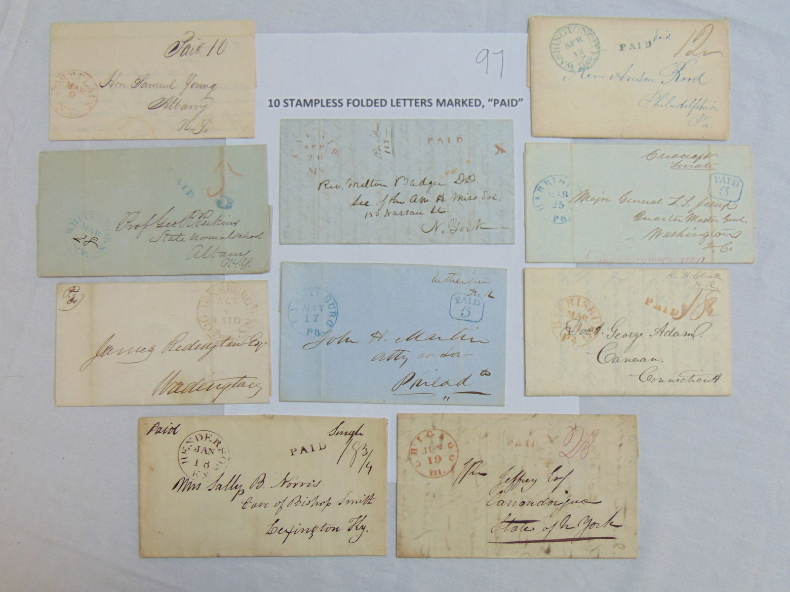 10 stampless folded letters marked Paid, Lexington, KY, Philadelphia, PA, New York (several), (1 of 14)