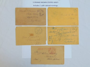 5 orange brown covers, 1850's, includes two covers with railroad markings, includes one to Germany