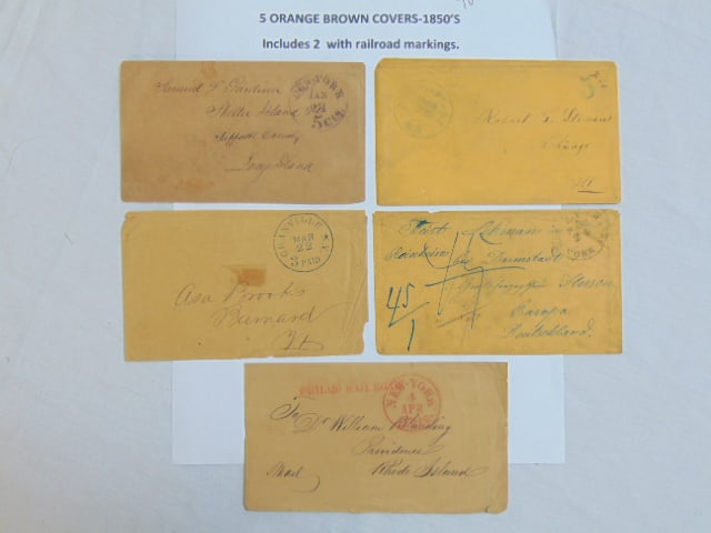 5 orange brown covers, 1850's, includes two covers with railroad markings, includes one to Germany: 5 orange brown covers, 1850's, includes two covers with railroad markings, includes one to Germany