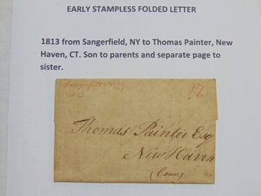 Early stampless folded letter, dated 1813, from Sangerfield, New York to Thomas Painter, New Haven,