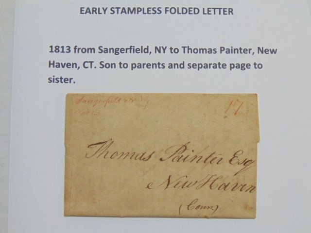 Early stampless folded letter, dated 1813, from Sangerfield, New York to Thomas Painter, New Haven,: Early stampless folded letter, dated 1813, from Sangerfield, New York to Thomas Painter, New Haven, CT, Son to parents with separate page to sister.