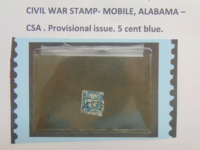 Civil war stamp, Mobile, Alabama, CSA. provisional issue, 5 cent blue (1 of 3)