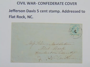 Civil war confederate cover, Jefferson Davis 5 cent stamp, addressed to Flat Rock, North Carolina.
