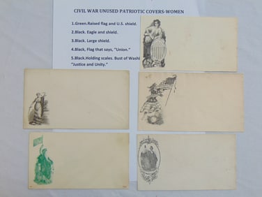 5 civil war unused patriotic covers, woman, includes Green, raised flag & U.S. Shield, Black, Eagle