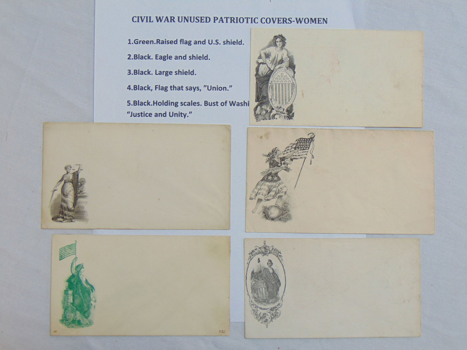 5 civil war unused patriotic covers, woman, includes Green, raised flag & U.S. Shield, Black, Eagle (1 of 11)