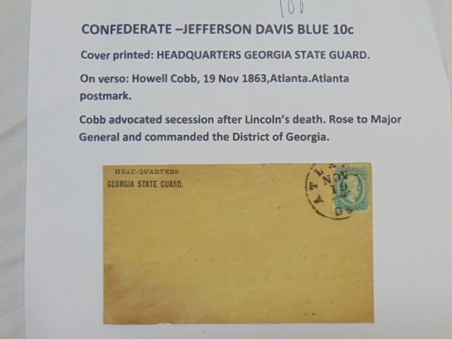 Confederate cover, envelope, Jefferson Davis, blue 10 cent stamp, cover is printed "Headquarters (1 of 6)