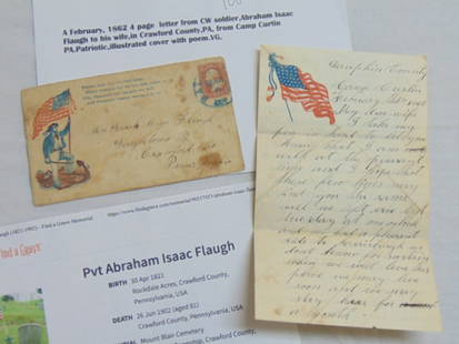 1862 4 page letter from Civil War soldier Abraham Isaac Flaugh to his wife in Crawford County, PA,: 1862 4 page letter from Civil War soldier Abraham Isaac Flaugh to his wife in Crawford County, PA, from camp Curtin, PA. Patriotic illustrated cover with illustration, red 3 cent stamp