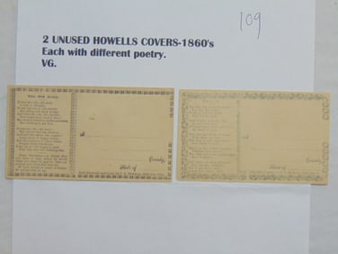 2 unused Howells Covers, 1860's, each with different poetry, "Too Late" & "The Old Story"
