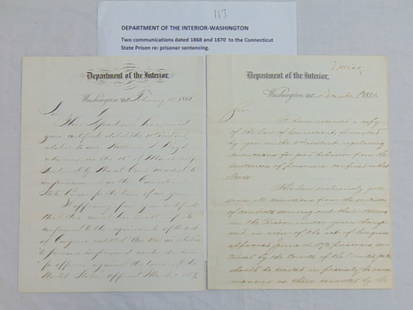 2 communications from the Department of the Interior, Washington D.C. to the Connecticut State: 2 communications from the Department of the Interior, Washington D.C. to the Connecticut State Prison regarding prison sentencing, dated 1868 & 1870
