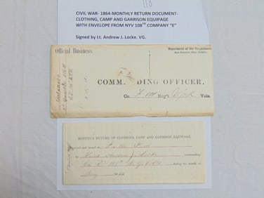 Civil war clothing, camp and garrison equipage documents, 1864 monthly return document, with