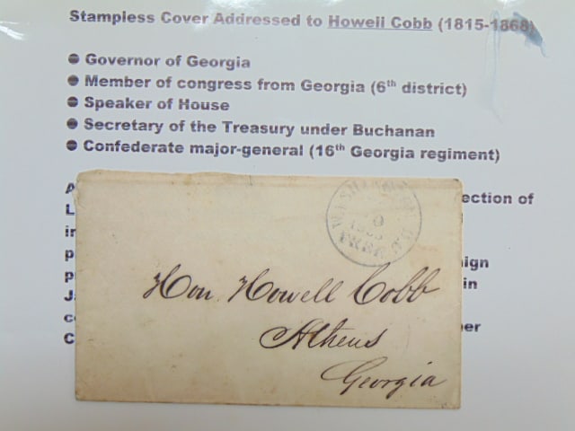 Stampless cover addressed to Howell Cobb, governor of Georgia, member of Congress, speaker of the (1 of 4)