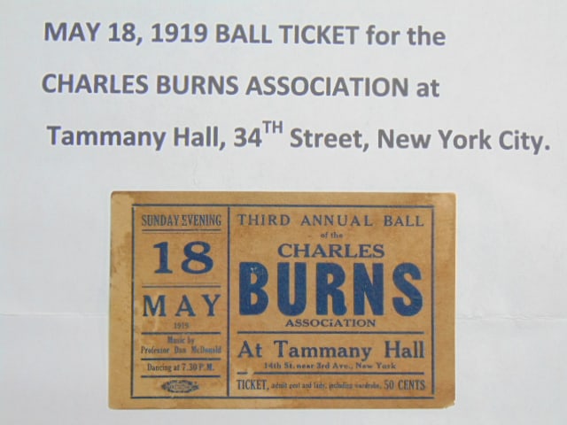 Ball ticket for Charles Burns Association, Third Annual Ball, May 18, 1919, Tammany Hall, 14th (1 of 5)