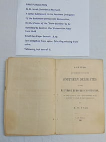 Booklet, rare publication by M.M. Noah, "A Letter Addressed to the Southern Delegates of the