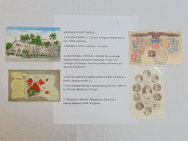 4 vintage postcards, to include Ellen Terry, 11 photo images celebrating her 1906 jubilee, Universal