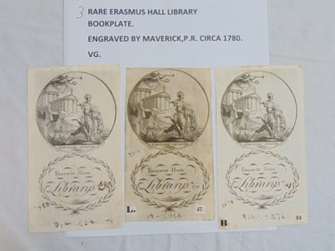 3 Erasmus Hall Library Bookplates, engraved by Maverick, P.R. circa 1780