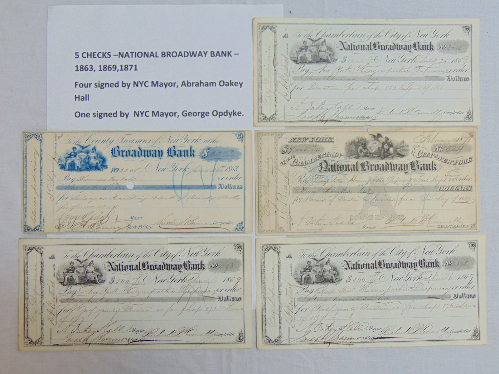 5 checks, National Broadway Bank, 1863, 1869, 1871, four are signed NY New York City Mayor Abraham (1 of 7)