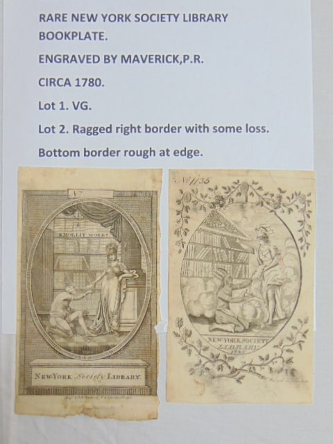 2 rare New York Society Library Bookplates, engraved by Maverick, P.R. (1 of 5)