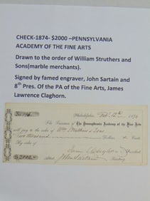 Check for $2000, Pennsylvania Academy of the Fife Arts, drawn to the order of William Struthers and