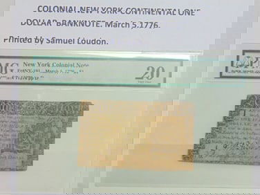 New York Colonial One Dollar banknote, March 5 1776, printed by Samuel Loudon, in sealed PMG sleeve,