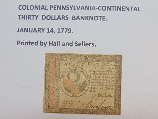 Colonial Pennsylvania continental $30 banknote, January 14 1779, printed by Hall and Sellers: Colonial Pennsylvania continental $30 banknote, January 14 1779, printed by Hall and Sellers