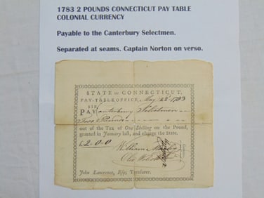 1783 2 pound Connecticut Pay Table, Colonial Currency, Payable to Canterbury Selectmen, separating