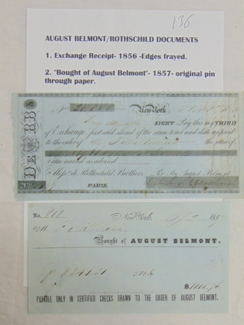 August Belmont / Rothschild documents, receipts, 1856 exchange receipt & "Bought of August Belmont",: August Belmont / Rothschild documents, receipts, 1856 exchange receipt & "Bought of August Belmont", 1857, original pin through paper