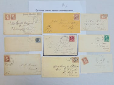 9 covers, envelopes, with various Washington 2 & 3 cent stamps, some covers with embossed