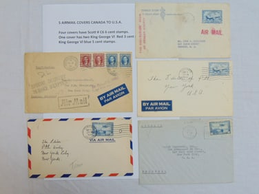 5 airmail covers, Canada to U.S.A. four covers have Scott # C6 6 cent stamps, one cover has two King