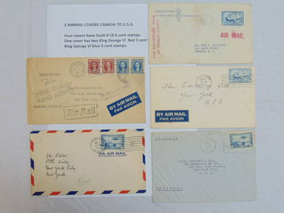 5 airmail covers, Canada to U.S.A. four covers have Scott # C6 6 cent stamps, one cover has two King: 5 airmail covers, Canada to U.S.A. four covers have Scott # C6 6 cent stamps, one cover has two King George VI red 3 cent stamps & two King George VI blue 5 cent stamps