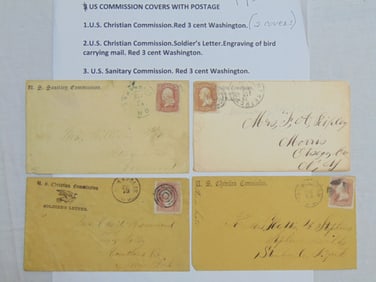 4 U.S. Commission covers with postage, includes 2 U.S. Christian commission, red 3 cent Washington