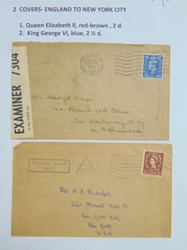 2 covers, England to New York City, Queen Elizabeth II & King George VI stamps, one envelope opened