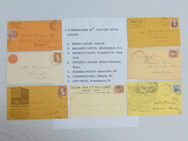 7 stamped 19th Century Hotel covers, Biddle House, Detroit, Willard's Hotel, Washington DC, French's