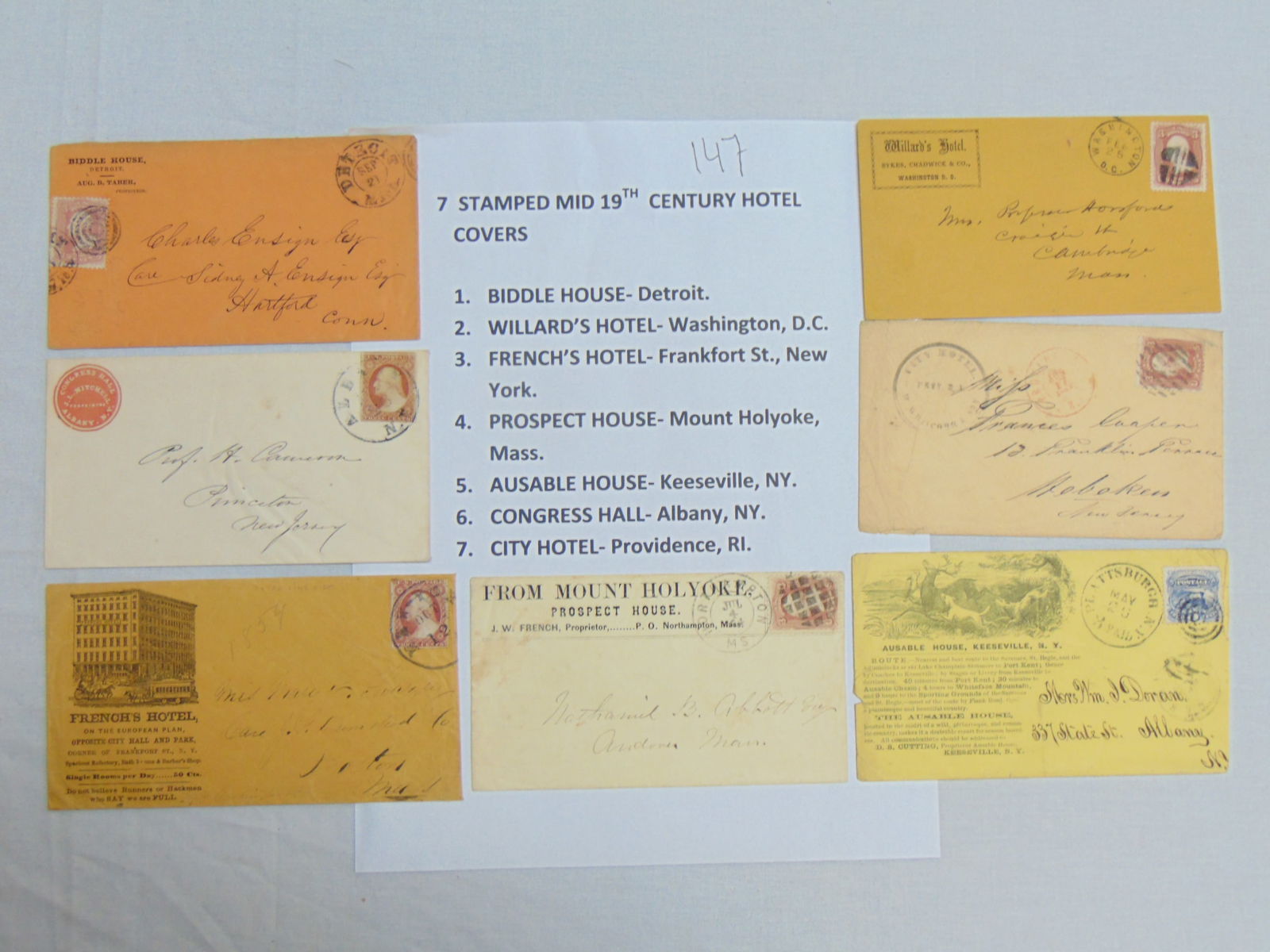 7 stamped 19th Century Hotel covers, Biddle House, Detroit, Willard's Hotel, Washington DC, French's (1 of 11)