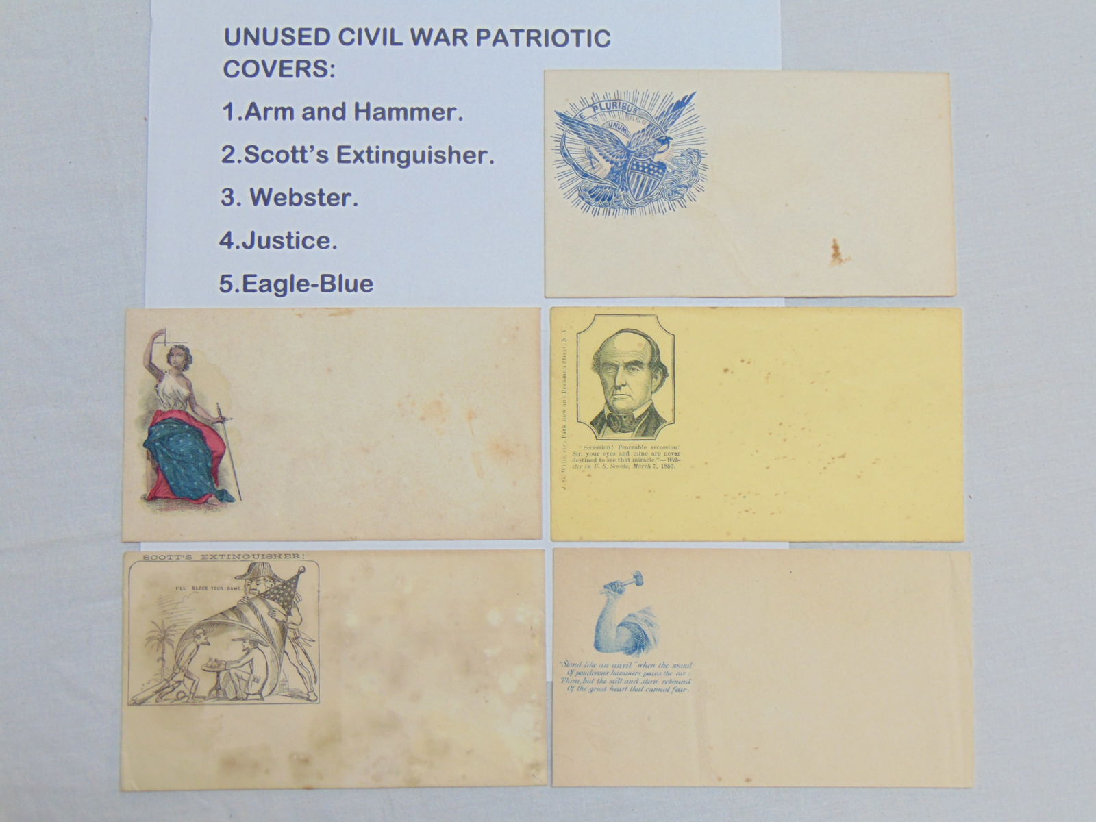 Unused Civil War Patriotic covers. Arm & Hammer; Scott's Extinguisher; Webster; Justice & Eagle-Blue (1 of 11)