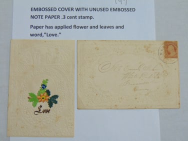 Embossed cover with unused embossed note paper, 3 cent stamp, paper has applied floral, leaf