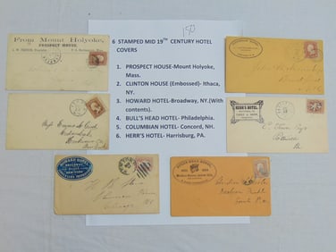 6 stamped mid 19th Century Hotel covers, to include: Prospect House, Mount Holyoke, Mass. ; Clinton