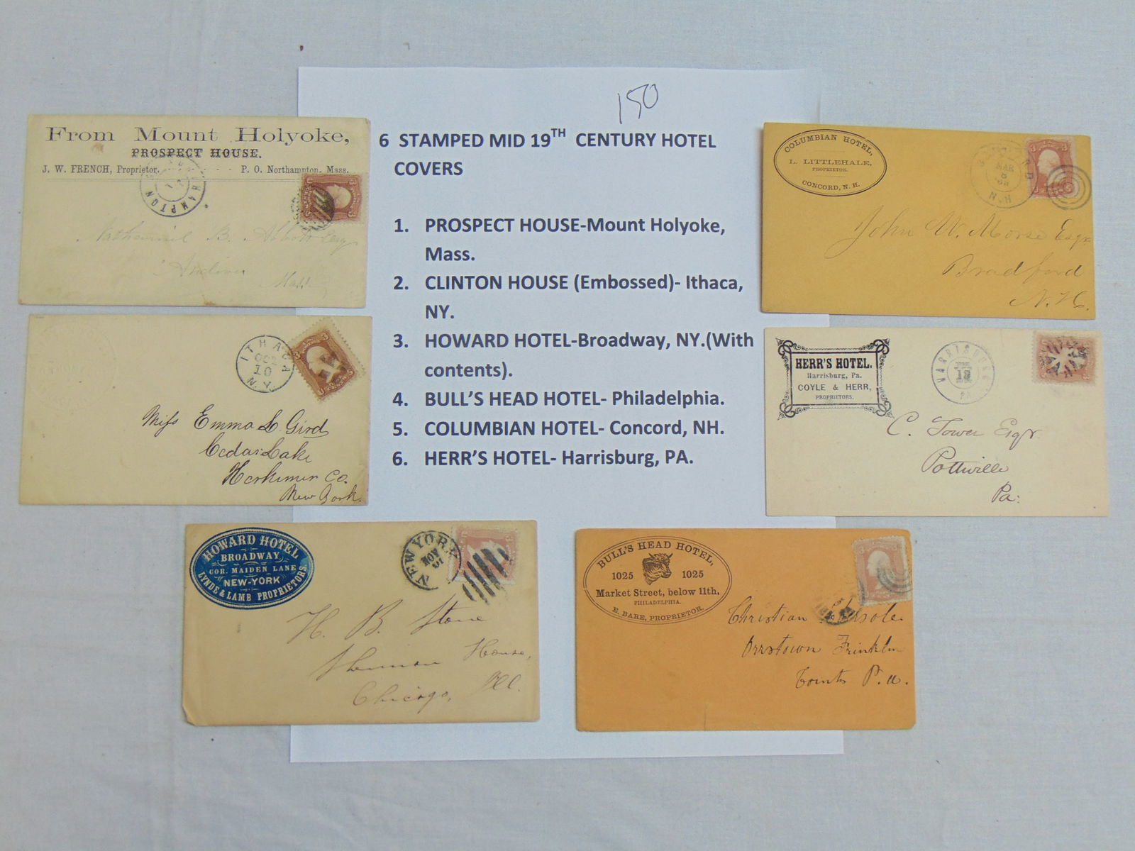 6 stamped mid 19th Century Hotel covers, to include: Prospect House, Mount Holyoke, Mass. ; Clinton (1 of 8)