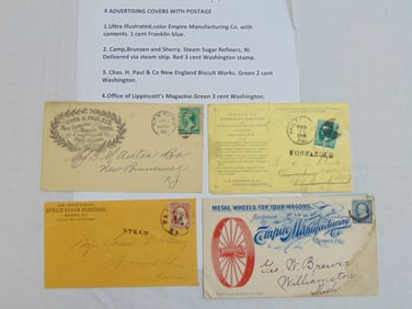 4 advertising covers with postage, to include ultra illustrated color Empire Manufacturing Co. with