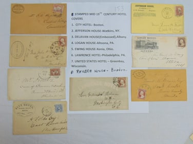 8 stamped mid 19th Century Hotel Covers, including : City Hotel, Boston; Jefferson House, Watkins,